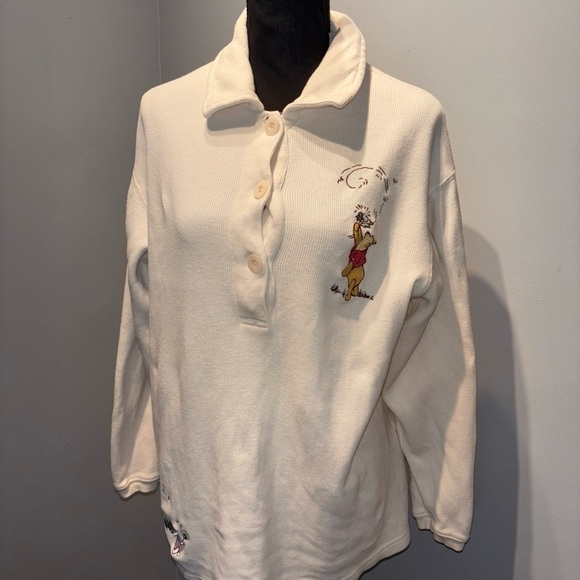 VTG‎ Disney Winnie The Pooh & Piglet Shirt Cream Embroidered Long Sleeve Waffle - Picture 1 of 9
